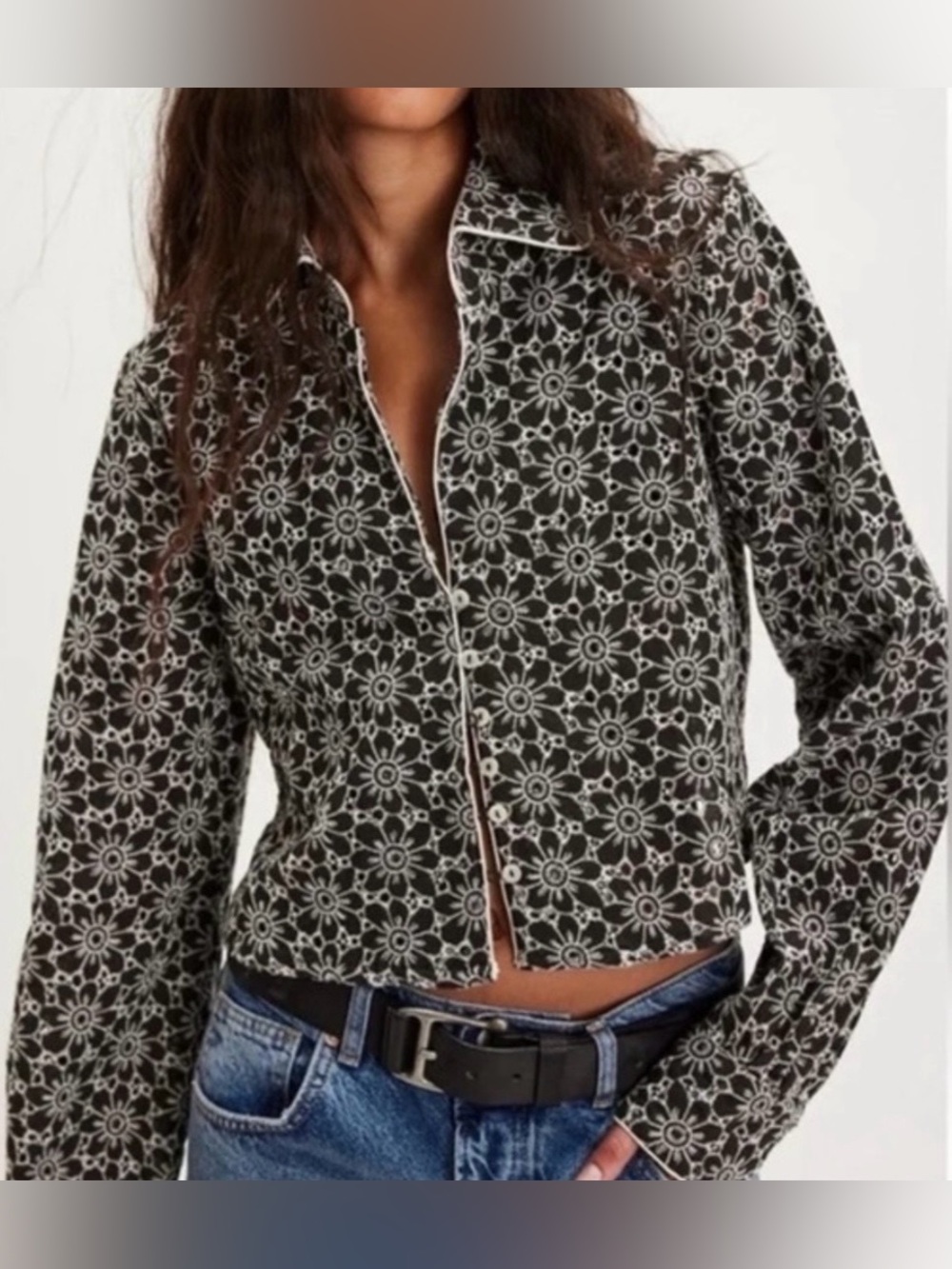 Free People Dream a Little Dream Floral Pattern Black Cropped Jacket size XS